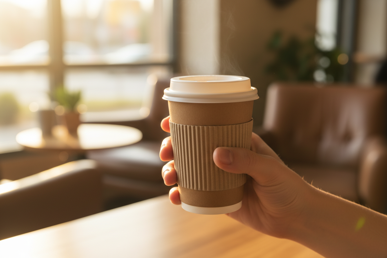 a takeawy coffee in a cup with a hand carrign it